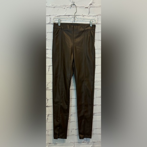 KLD faux leather moto Fall ankle and side zip stretch brown pants Side Small NWT - Picture 1 of 6